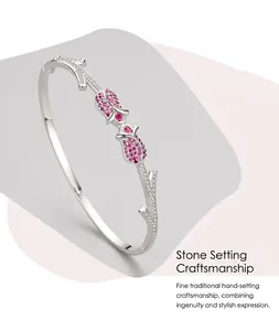 Close-up of S925 silver rose bracelet with pink zircon flower and micro-inlaid diamonds