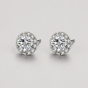 Elegant S925 sterling silver geometric halo stud earrings with brilliant zircon stones
