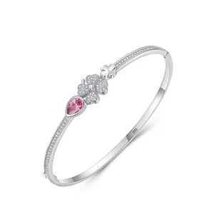 Luxury 925 Sterling Silver Clover Bangle For Women With Pink Pear Stone Rhinestone Pave Adjustable Lucky Clover Jewelry