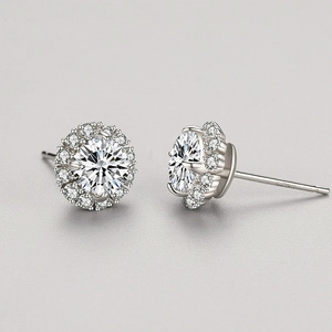 S925 sterling silver geometric stud earrings featuring halo set sparkling clear stones