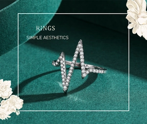 Close-up of S925 sterling silver lightning bolt ring with sparkling pavé zircons