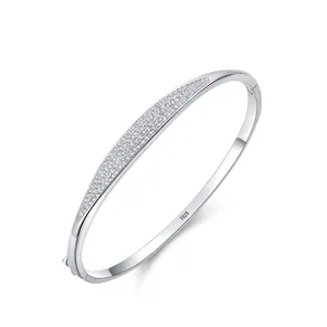 Lussuoso Bracciale Rigido in Argento Sterling 925 per Donna Minimalista Micro Pavé Strass Ovale Polsino a Cerniera Gioielli Mano
