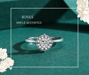 Detailed close-up of halo setting ring with a round center stone on green background