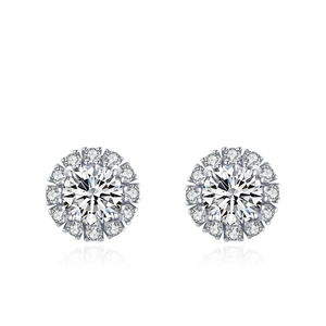 Classic S925 sterling silver halo stud earrings with round brilliant cut cubic zirconia