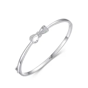 Bracelet Jonc Nœud Papillon en Argent Sterling 925 pour Femme Élégant Bracelet en Strass Micro Incrustés Bijoux de Mode Cadeau