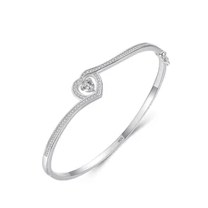 Jonc Cœur en Argent Sterling 925 de Luxe pour Femme Bracelet Cœur Évidé Incrusté de Strass Bijoux Élégants Haut de Gamme