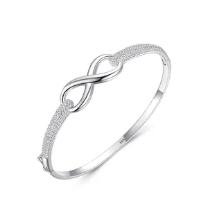 Bracelet Jonc en Argent Sterling 925 Symbole de l'Infini pour Femme Incrusté de Strass Bijoux de Main à la Mode Cadeau