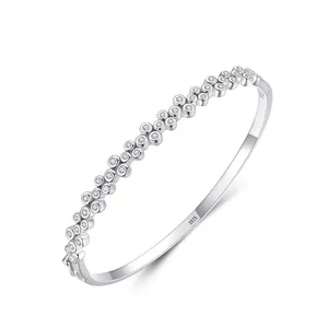 Bracelet Jonc en Argent Sterling 925 pour Femmes Incrustation de Strass Design Géométrique Bijoux de Mode Minimaliste