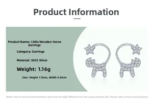 Detail of S925 sterling silver rocking horse earring with white zircon inlay and dimensions