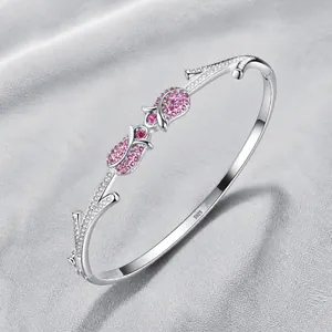 925 Sterling Silver Rose Tulip Flower Bangle Bracelet For Women Pink Rhinestone Inlaid Open Cuff Floral Jewelry Gift