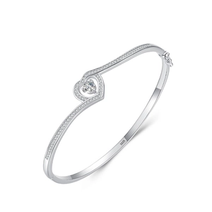 Bracelet jonc ouvert en argent sterling S925 avec cœurs et pierres en zircon