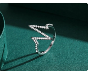 Macro detail of silver lightning ring featuring micro-pave cubic zirconia on textured fabric