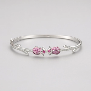 S925 silver tulip bangle with pink pavé zircon flowers and branch texture design