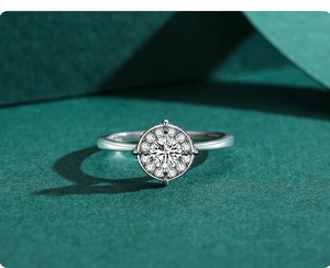 Macro shot of s925 silver halo ring with round centerpiece diamond and pavé settings
