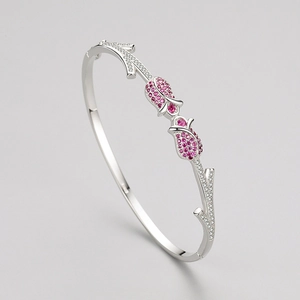 Elegant S925 silver rose bangle with pink and white pavé crystals in a floral design