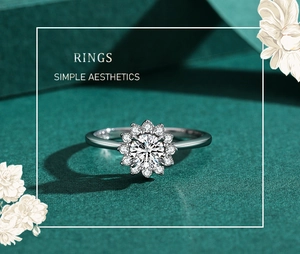 Macro detail of sunflower S925 silver ring with a sparkling halo moissanite centerpiece