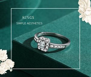 Macro shot of S925 sterling silver stamp and sparkling rectangular zircon details on ring