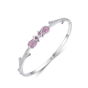 Elegant S925 sterling silver tulip bangle with pink zircon petals and sparkling accents