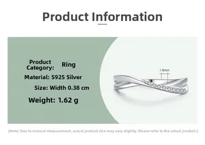 Detail view of S925 silver criss-cross ring showing 0.38cm width and 1.62g weight