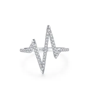 S925 Sterling Silver Zirconia Heartbeat Ring For Women Niche Design EKG Wave Geometric Inlaid Zirconia Fashion Jewelry Gift