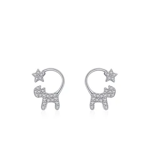 925 Sterling Silver Cat Star Stud Earrings For Women Tiny Cute Animal Inlaid Zirconia Hypoallergenic Daily Wear Jewelry Gift