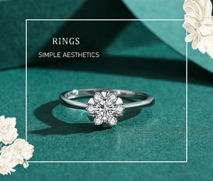 Detail of silver floral ring featuring a central cluster of cubic zirconia on a green background