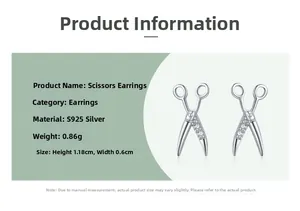 Detail of S925 silver scissors stud earrings with zircon inlay and exact dimensions