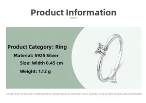 Detaillierte Größenangaben für S925 Sterlingsilber Ring mit quadratischem Diamanten