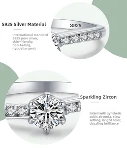 Macro shot of S925 sterling silver ring featuring six-prong cubic zirconia setting