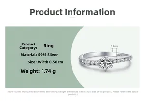 Detail view of S925 silver ring with 1.7mm center diamond and 0.58cm wide band specifications