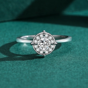 Classic S925 sterling silver halo ring with a round brilliant cut center stone