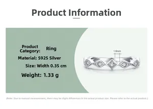 Detail view of S925 sterling silver ring showing dimensions and inlaid zircons