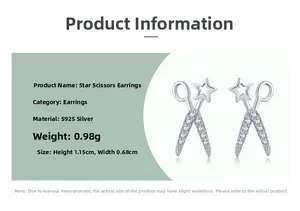 Detailed view of S925 silver star scissor earrings with dimensions 1.15cm by 0.68cm