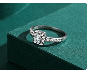Macro detail of S925 sterling silver stamp and rectangle stone setting on ring