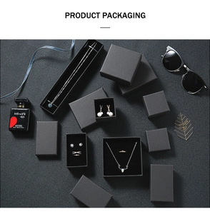 Premium matte black jewelry packaging sets including necklace and ring boxes with sponge inserts