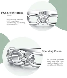 Macro detail of S925 sterling silver infinity chain ring with cubic zirconia stones