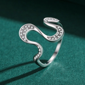 S925 sterling silver geometric wavy ring with micro-pave cubic zirconia stones