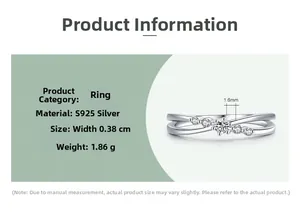 Détails de la bague croisée en argent S925 avec dimensions et spécifications techniques