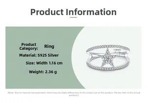 Detail of s925 silver double layer star ring showing 1.16cm width and 2.36g weight