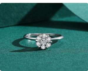Macro view of a floral S925 silver ring featuring sparkling zircon cluster on dark green paper