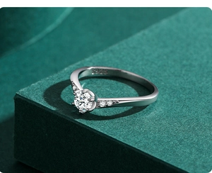 Macro detail of S925 sterling silver ring featuring a six-prong set brilliant round cubic zirconia