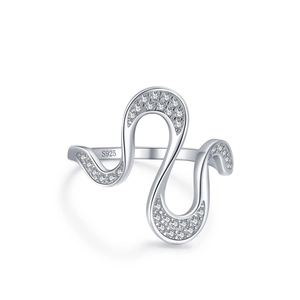 Elegant S925 sterling silver wavy ring with pavé-set zircons on white background