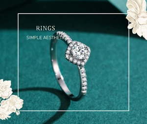 Macro shot of S925 sterling silver square halo ring with sparkling zircon inlays