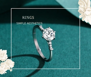 Macro shot of 1 carat sparkling diamond ring with six-prong setting and side accents