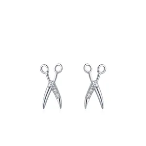 925 Sterling Silver Scissor Stud Earrings Creative Scissor Shape Individual Zirconia Inlaid Jewelry Earrings For Women Girls Gift