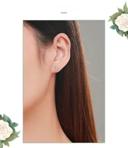 Close-up of S925 silver cactus stud earring with pavé zircon on model ear
