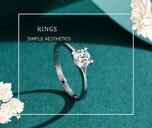 Macro detail of 1-carat round brilliant-cut solitaire ring in classic 4-prong silver setting
