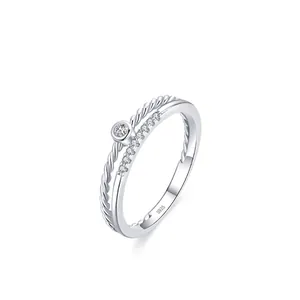 Bague en Argent Sterling 925 à Double Couche Corde Torsadée pour Femme Incrustée de Strass Géométrique Mode