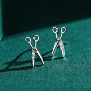 Creative S925 sterling silver scissors stud earrings with inlaid cubic zirconia accents