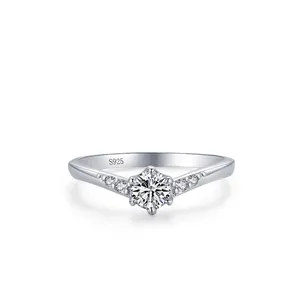 925 Sterling Silver Ring For Women Elegant Six-Prong Round Zirconia Engagement Wedding Ring V-Shaped Band Jewelry Gift